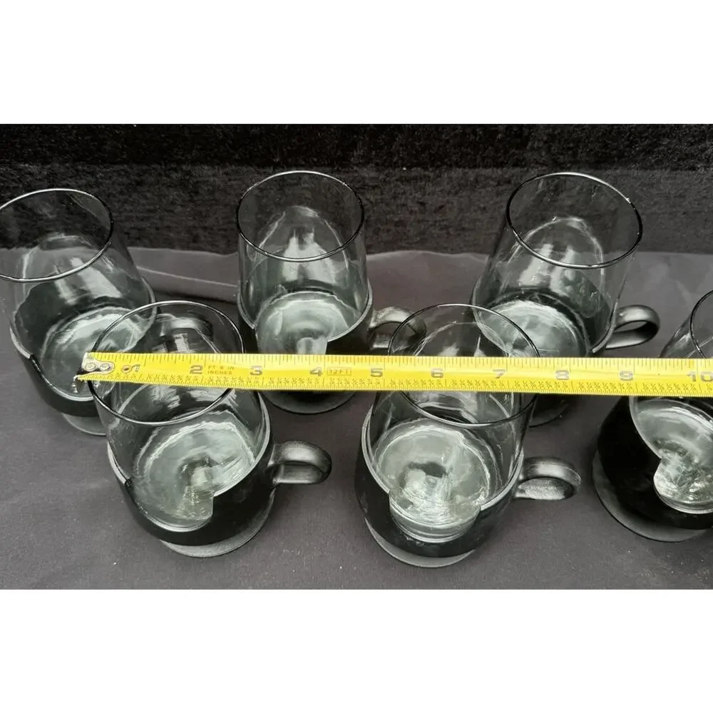 6 Vtg Glas-Snap Corning Black Handle Smoke Gray Hot Cold Glasses MCM -8/9